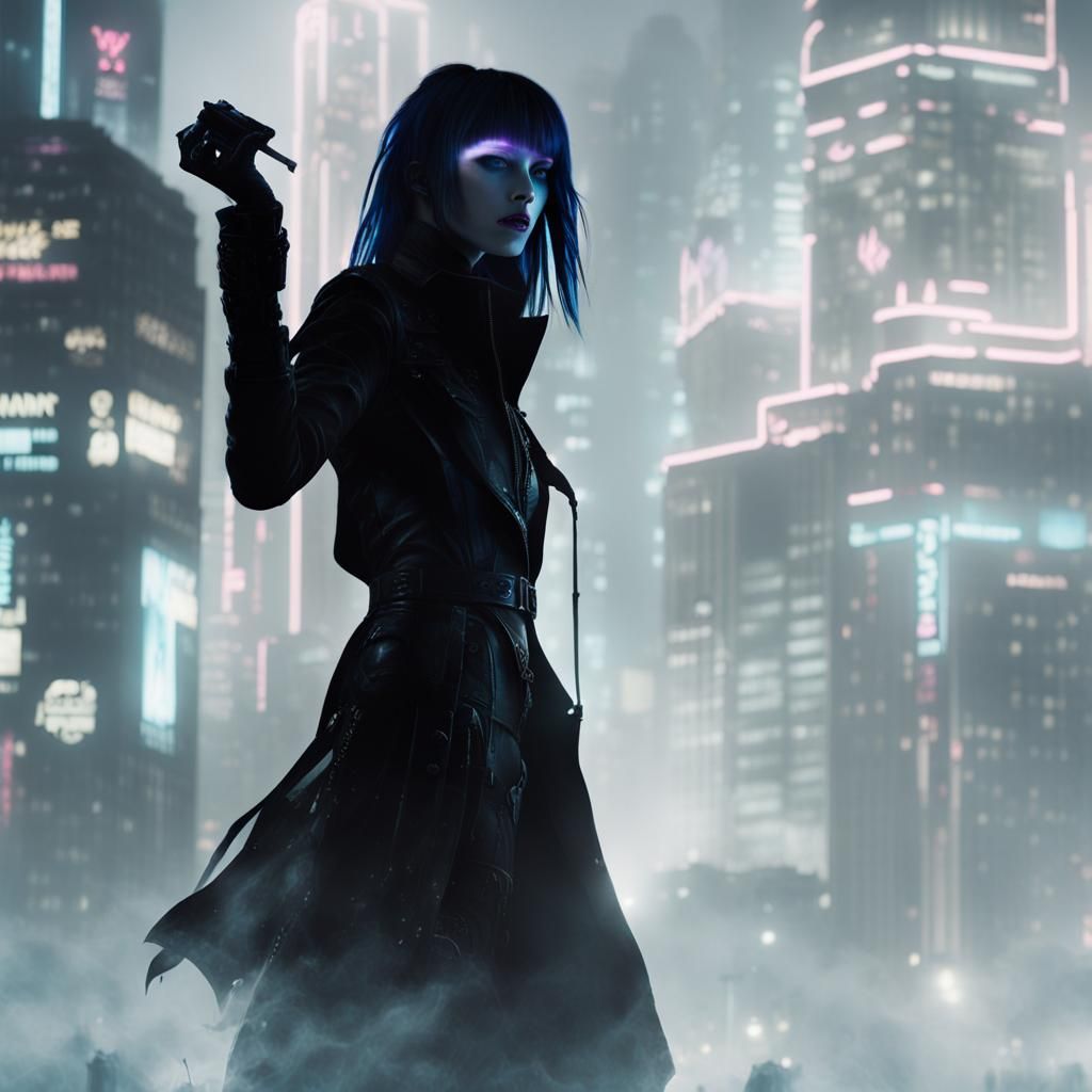 Gothic Model in Cyberpunk Ruins With Neon Lighting