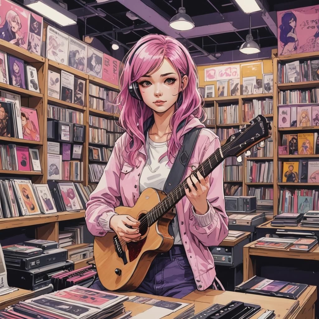 Woman in Record Store: Anime Style Illustration