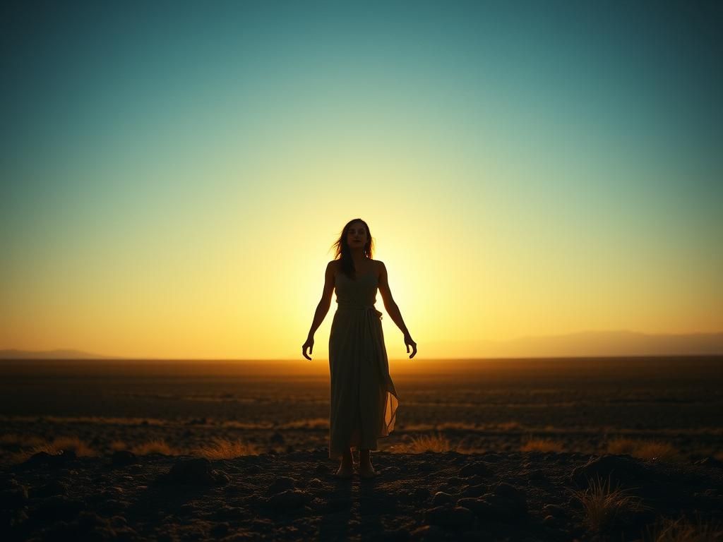 Heroic Woman in Ominous Landscape: Cinematic Film Still