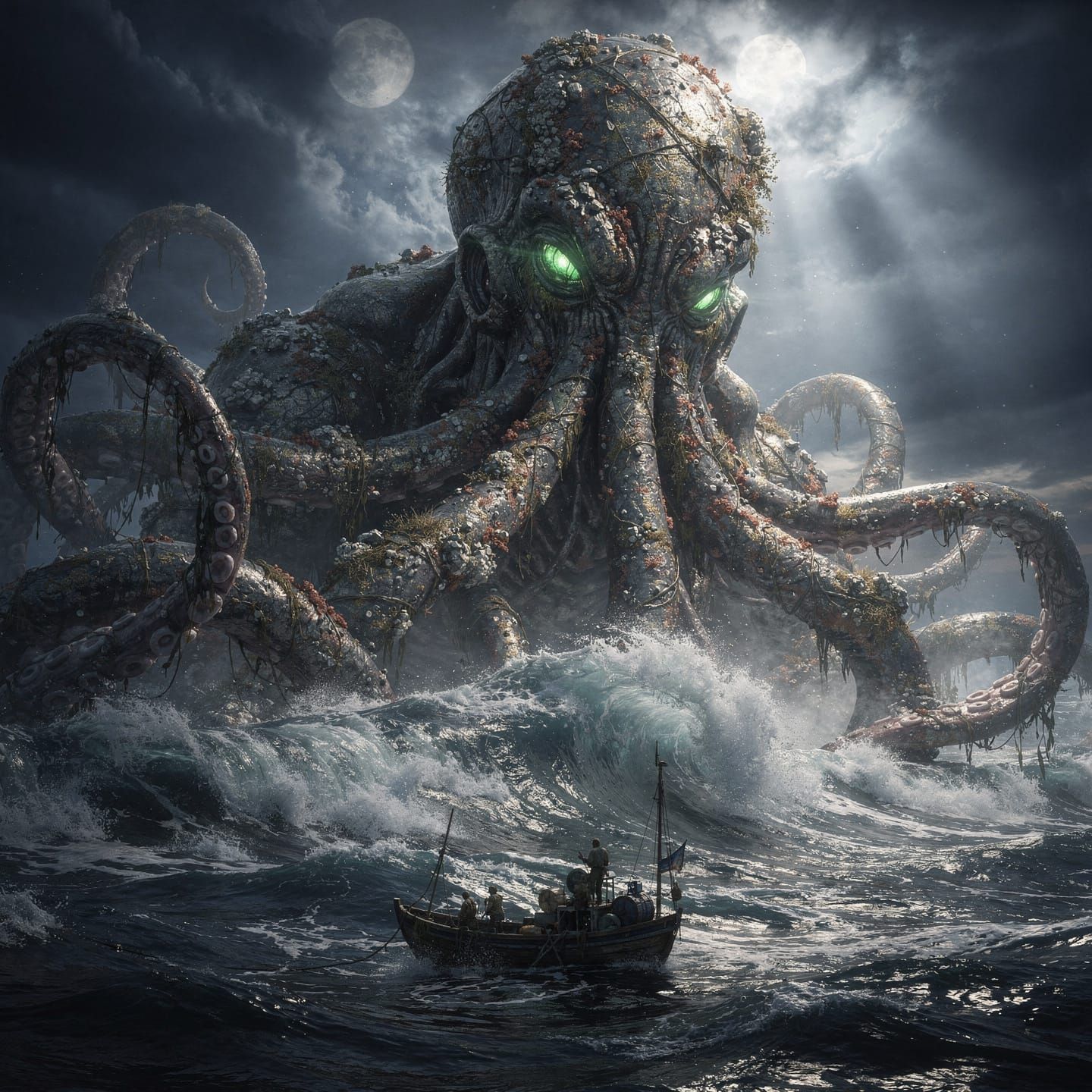 Colossal Cthulhu Emerges from Turbulent Night Ocean
