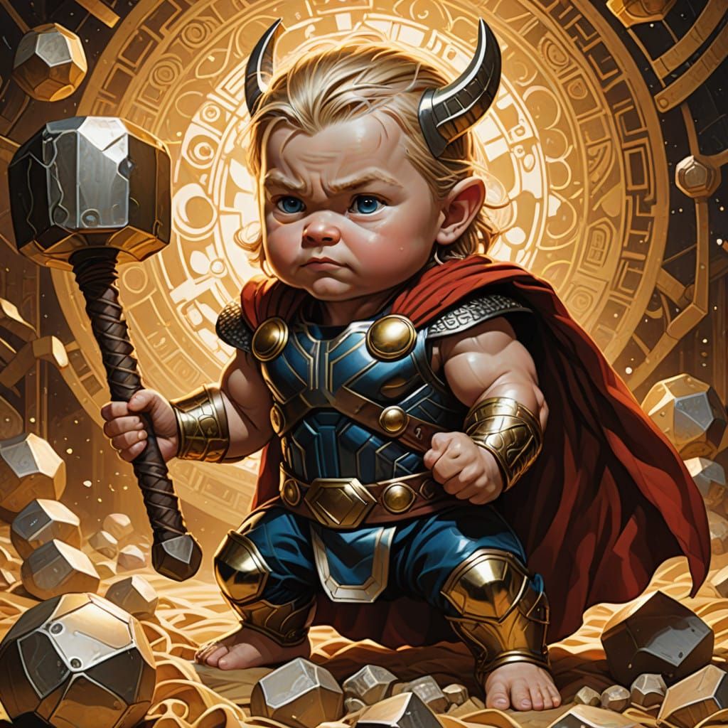 Baby god Thor in a nappy with and hammer shaped rattle