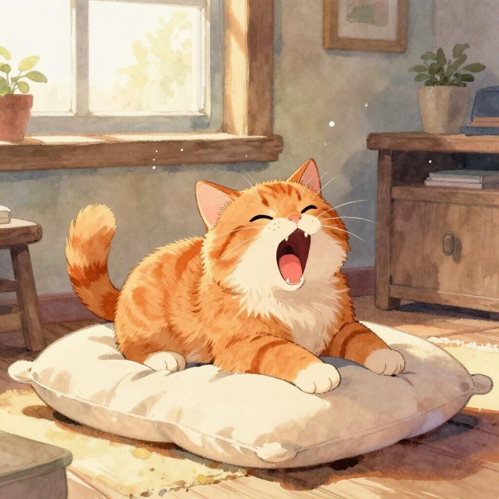 Fluffy Ginger Cat Yawning in Cozy Cottagecore Room