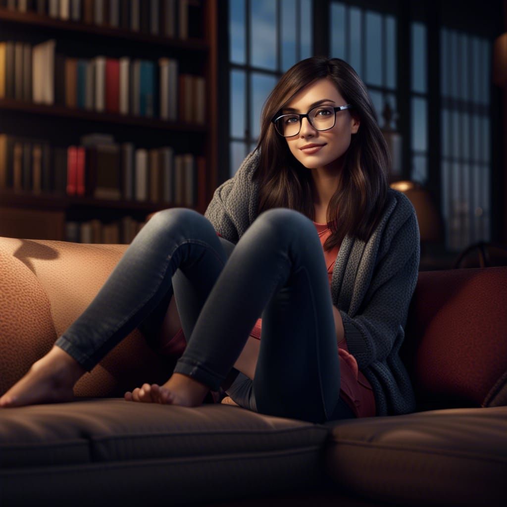 Attractive Girl in Cozy Library: Photorealistic Image