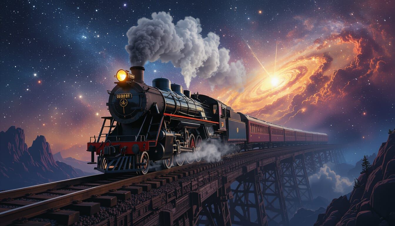 Majestic Steam Train Soaring Through Starry Universe
