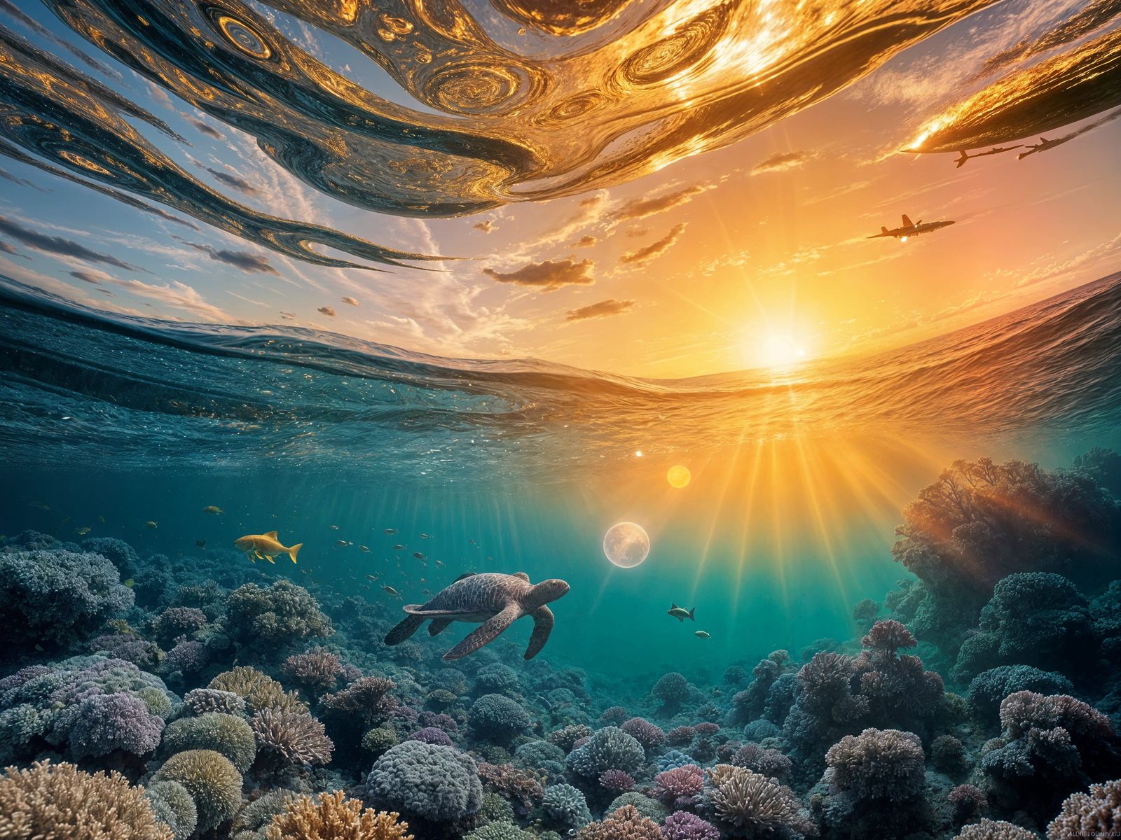 Surreal Sunrise Reef Scene in Hyperrealistic Oil Style