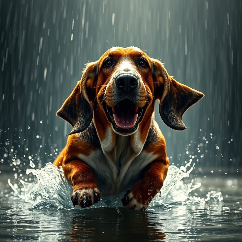 Basset Hound Joyfully Playing in Dramatic Rainy Lighting