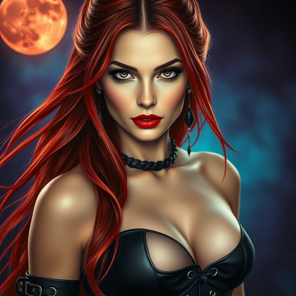 Goddess in Black Leather Corset, Red Hair, and Dramatic Ligh...
