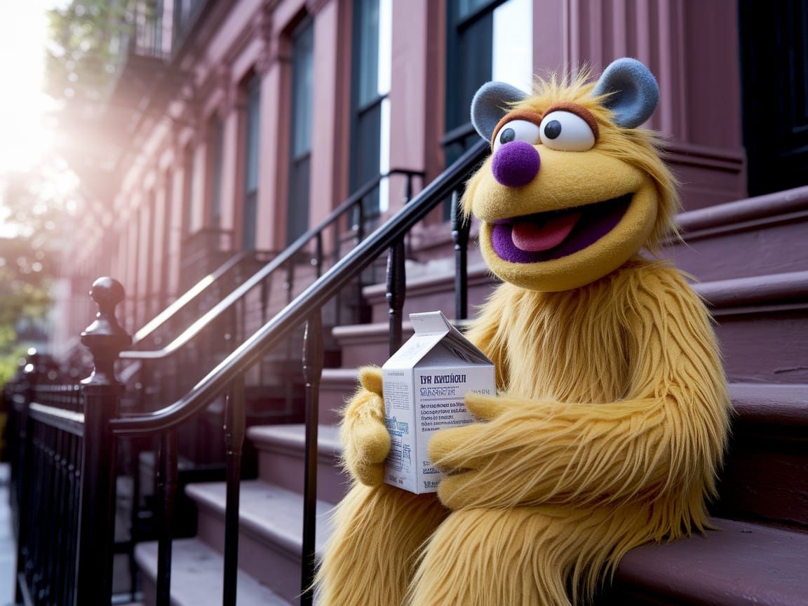 Muppet-Style Monster Mascot Sits on Brownstone Stoop