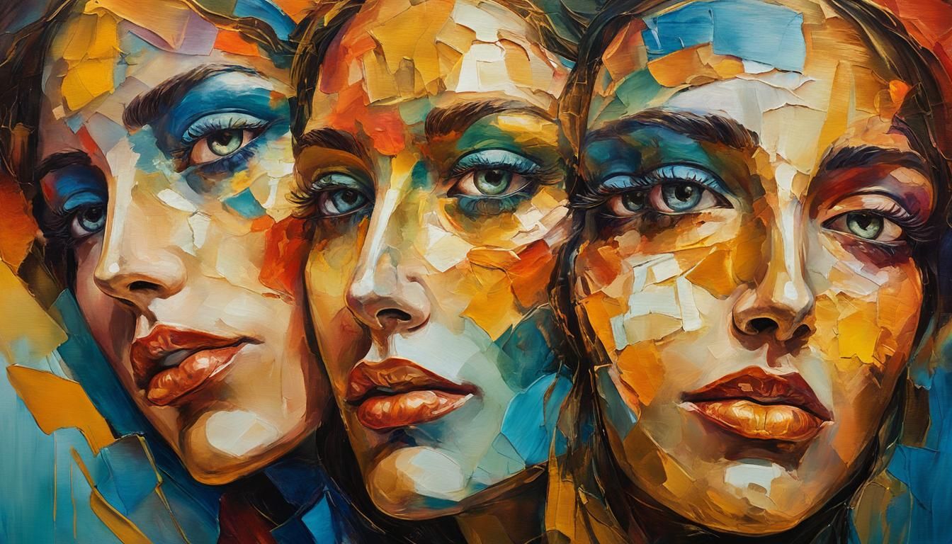 Surreal Woman with Multiple Faces: Oil Painting