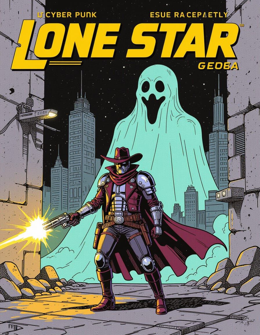 Cyberpunk Cowboy in Ghost City, Comic Art Style