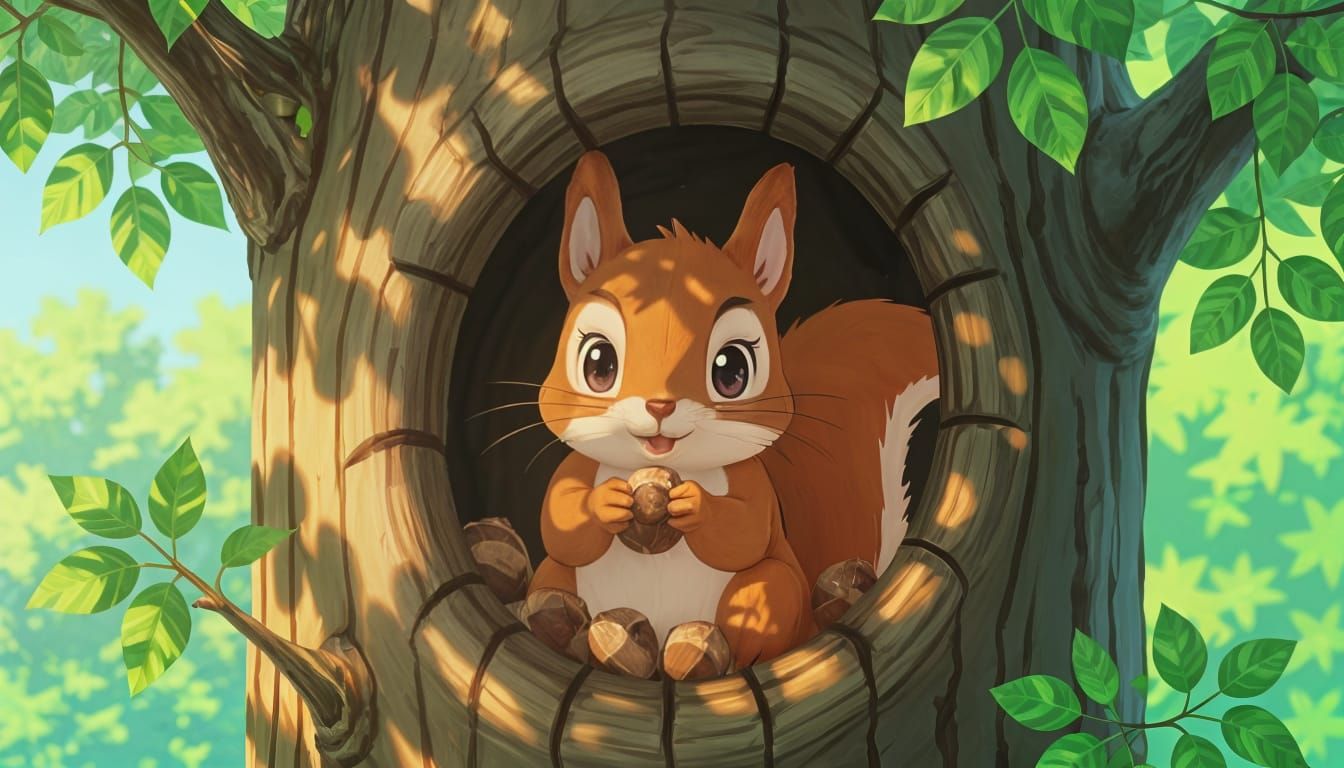 Mischievous Squirrel Hiding Nuts in Tree Hole