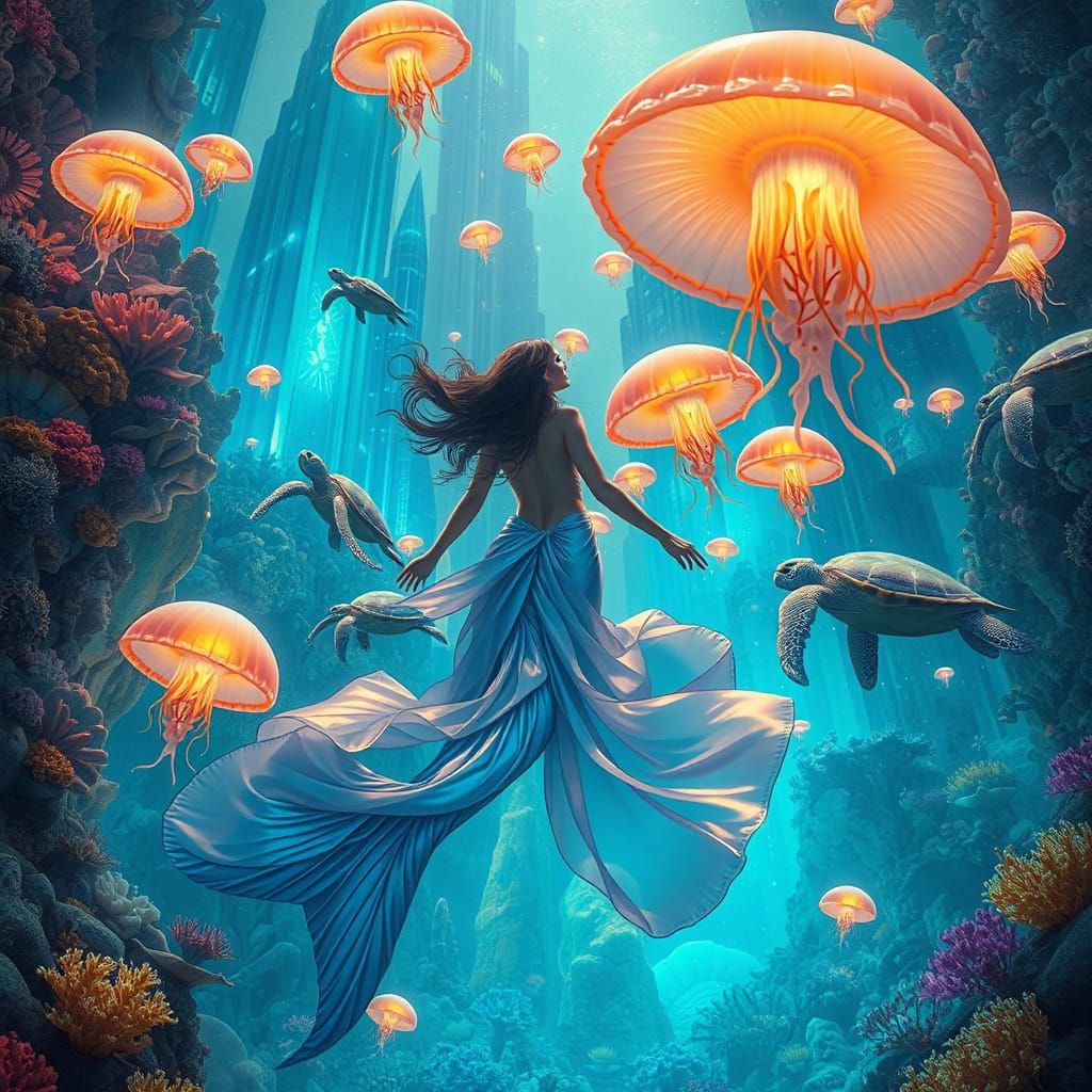 Mermaid in Bioluminescent Coral City, Art Nouveau Style
