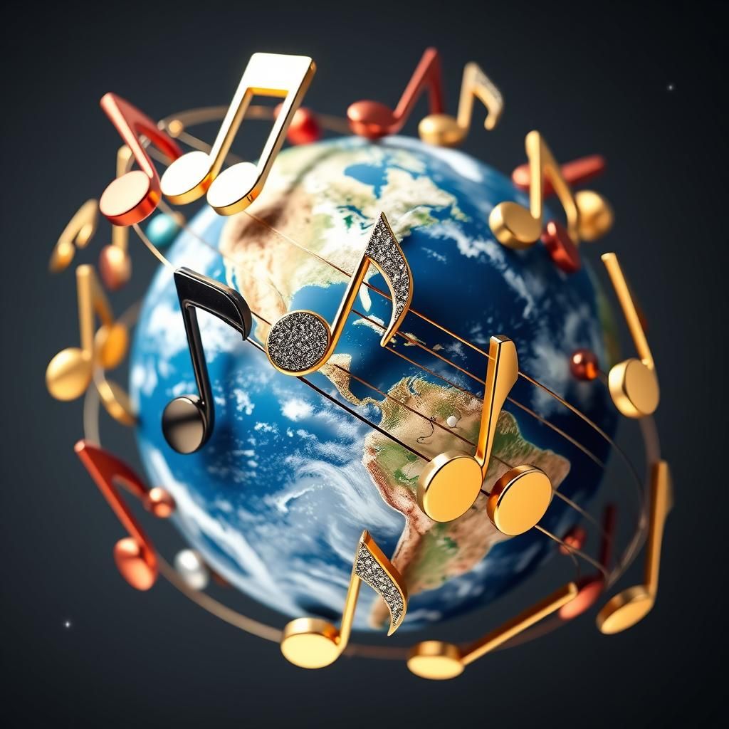 Musical Notes Orbiting Earth in 3D Rendering