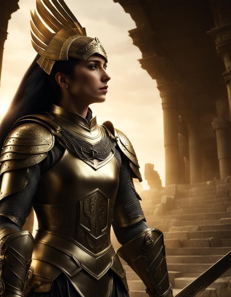 Gold Armored Knight in Ancient Ruins: Photorealistic Dark Fa...