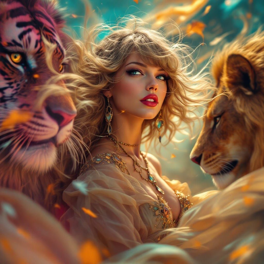 Taylor Swift Portrait with Tiger and Lion in Fantasy Style