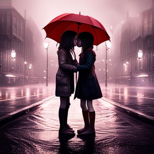 Girls Kissing in Rain: Fantastical Matte Painting