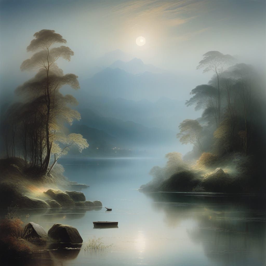 Misty Moonlit Lake Landscape in Romantic Style