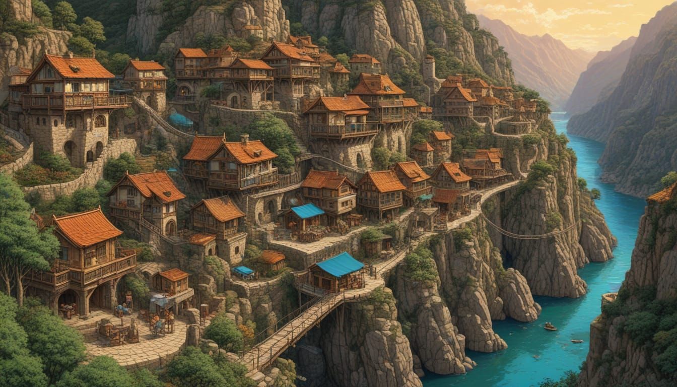 Whimsical Village Nestled in a Crystal-Clear Canyon