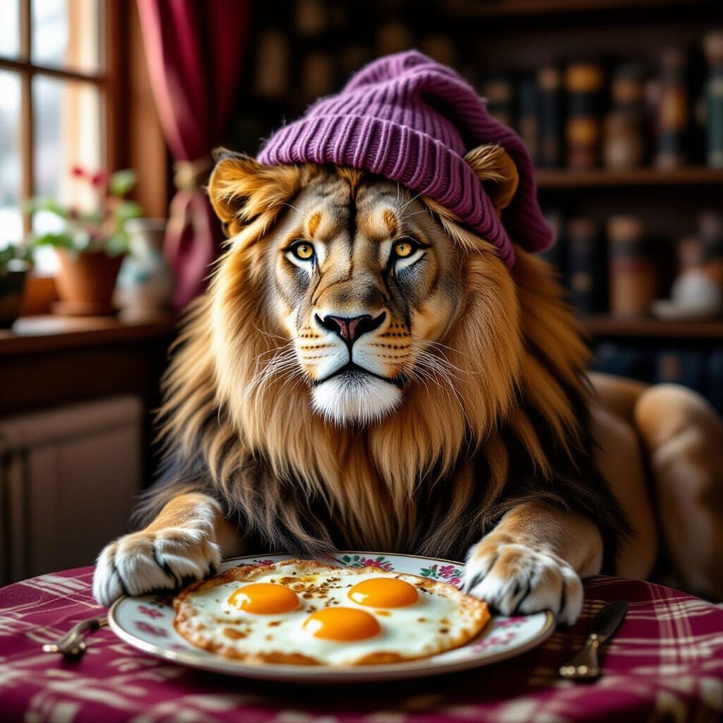 Lion Wearing Purple Beanie Sits on Fried Eggs