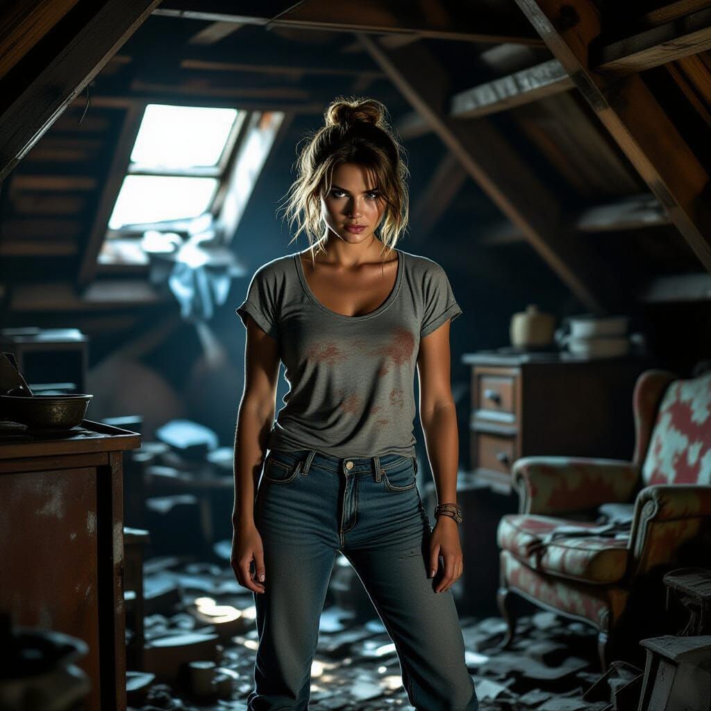 Determined Woman in Cluttered Cellar, Gritty Realism
