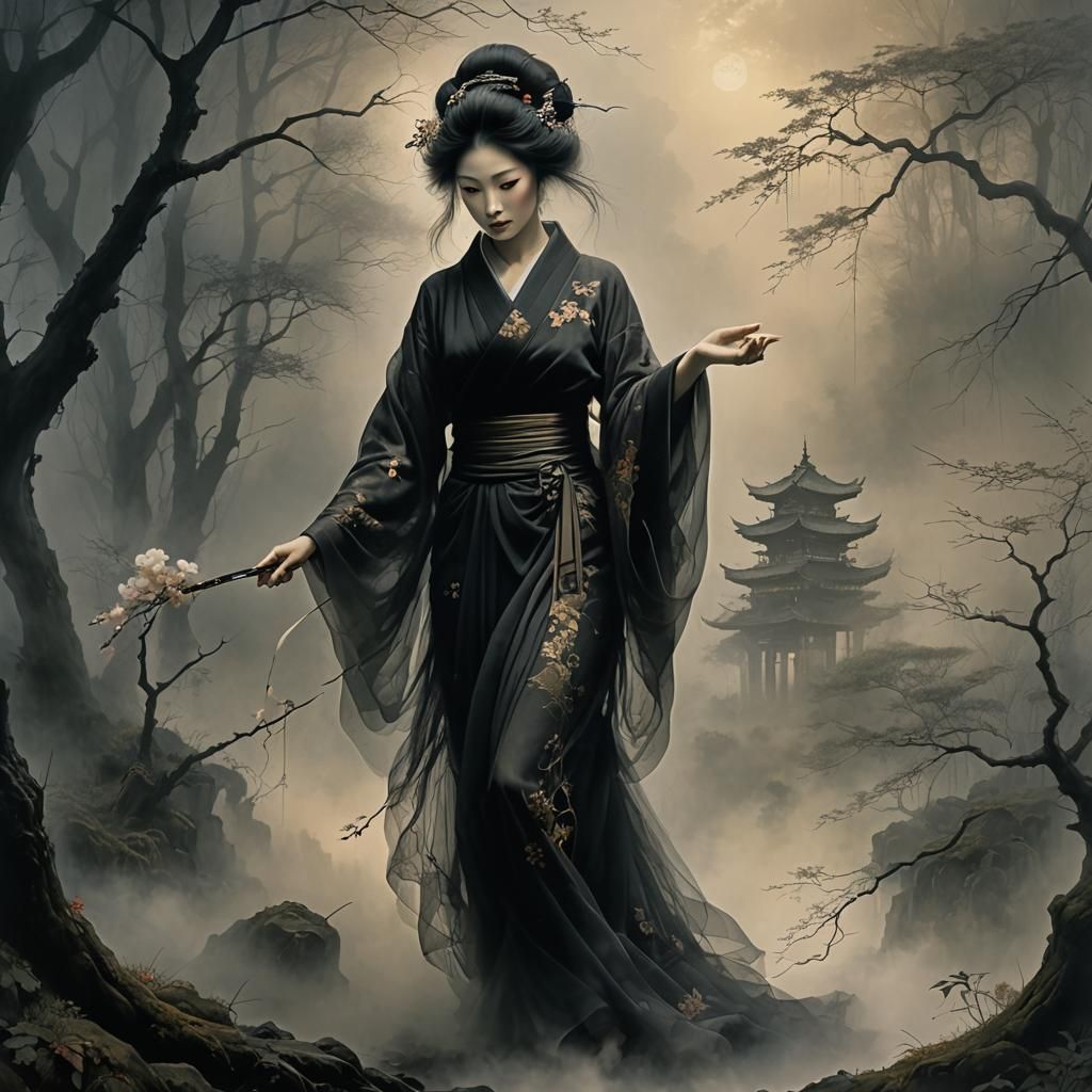 Geisha in Black Tulle Kimono, Ethereal Fantasy Art