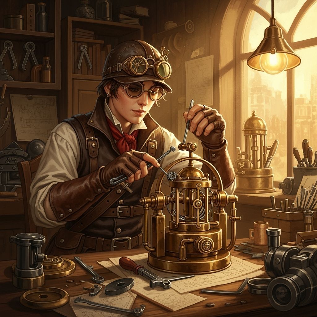 Steampunk Inventor Tinkering with Brass Contraption