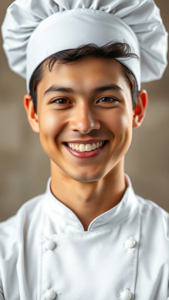Chef in White Uniform Smiles Warmly in Studio Portrait