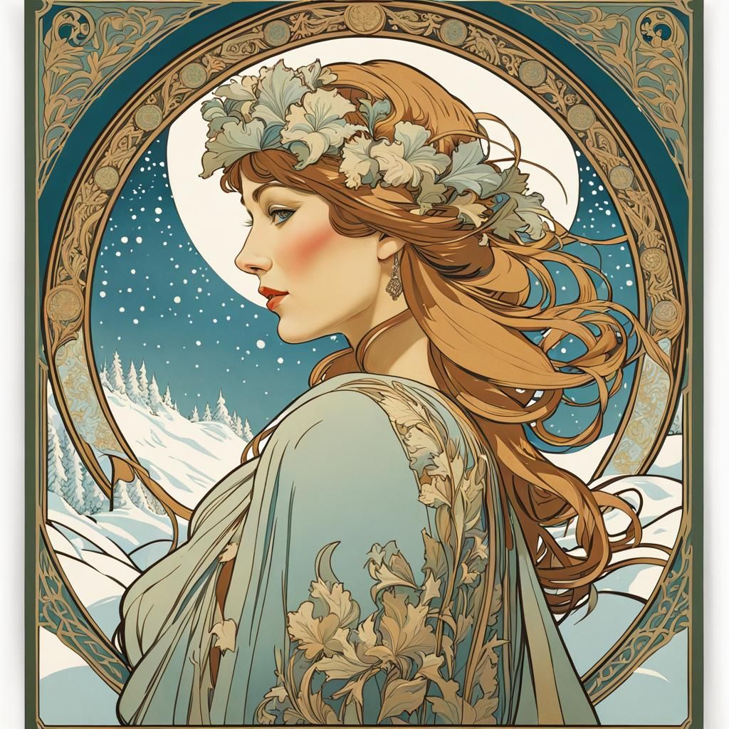 Woman in Snow: Art Nouveau Alphonse Mucha Style