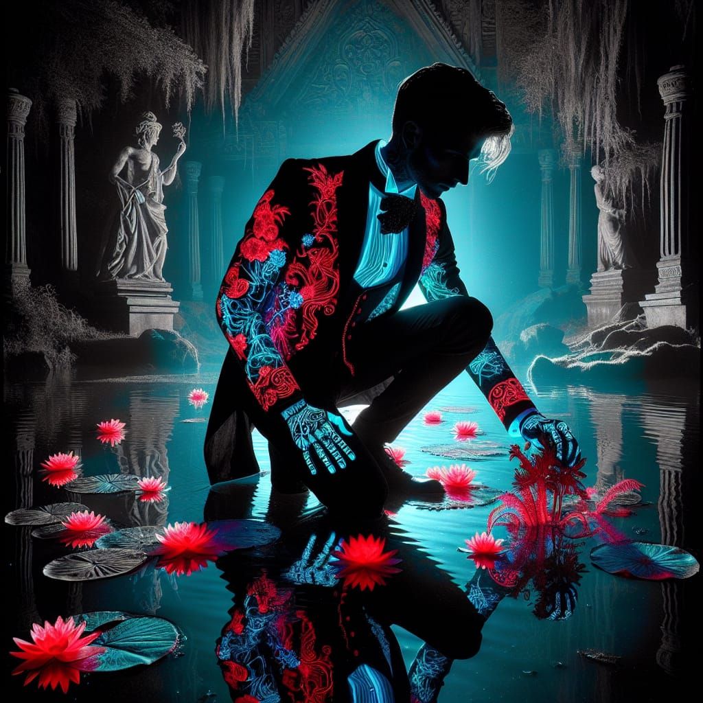 Ethereal Victorian Man Kneeling in Bioluminescent Pond