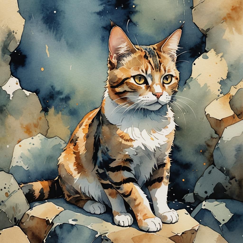 Watercolor Cat Anime Style Illustration
