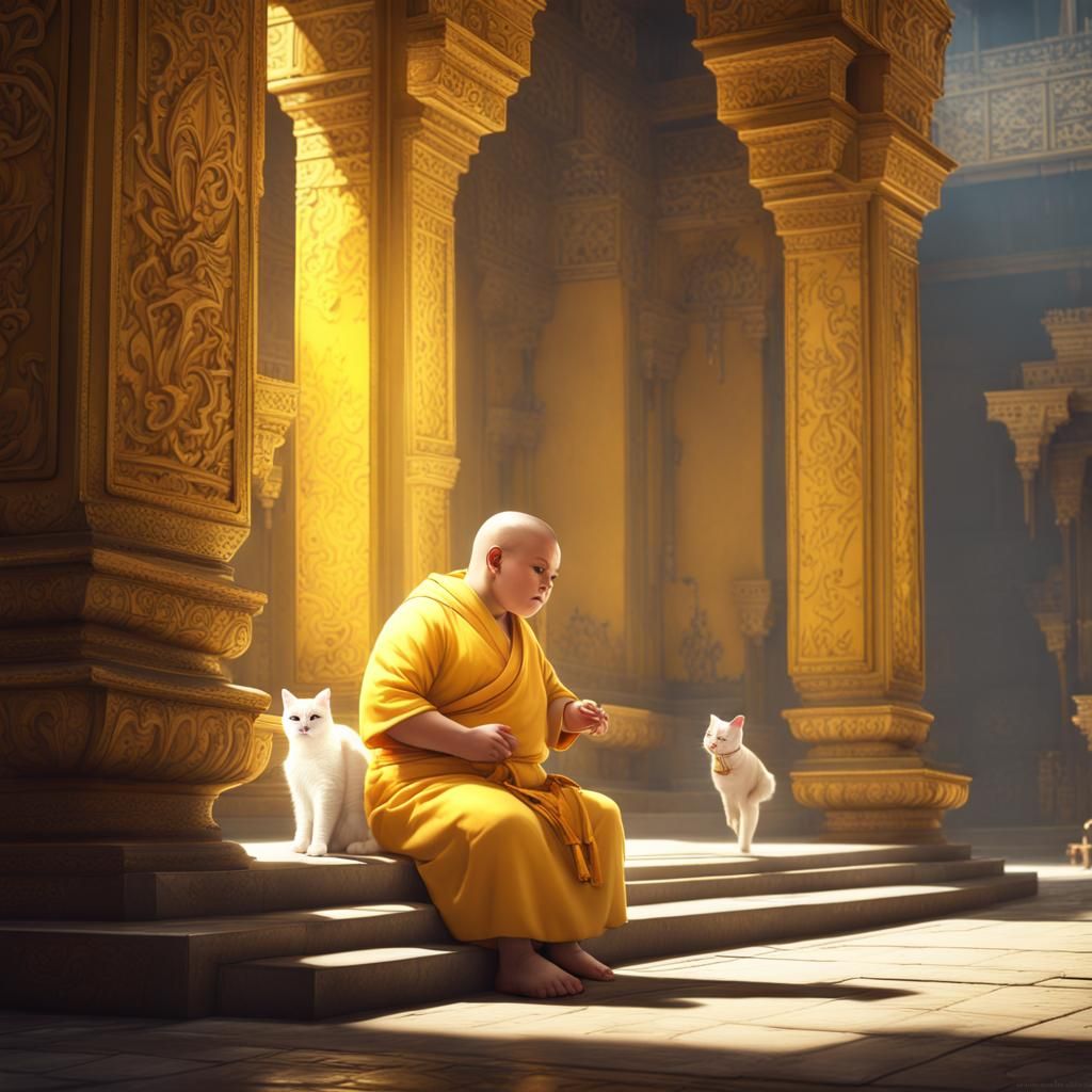 Monk and Cat in Temple, Detailed Matte Painting