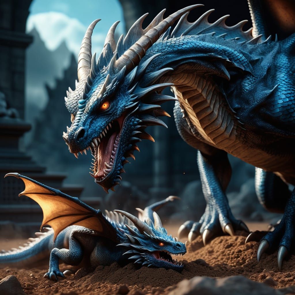 Majestic Dragon Beside Decayed Dragon: Digital Art