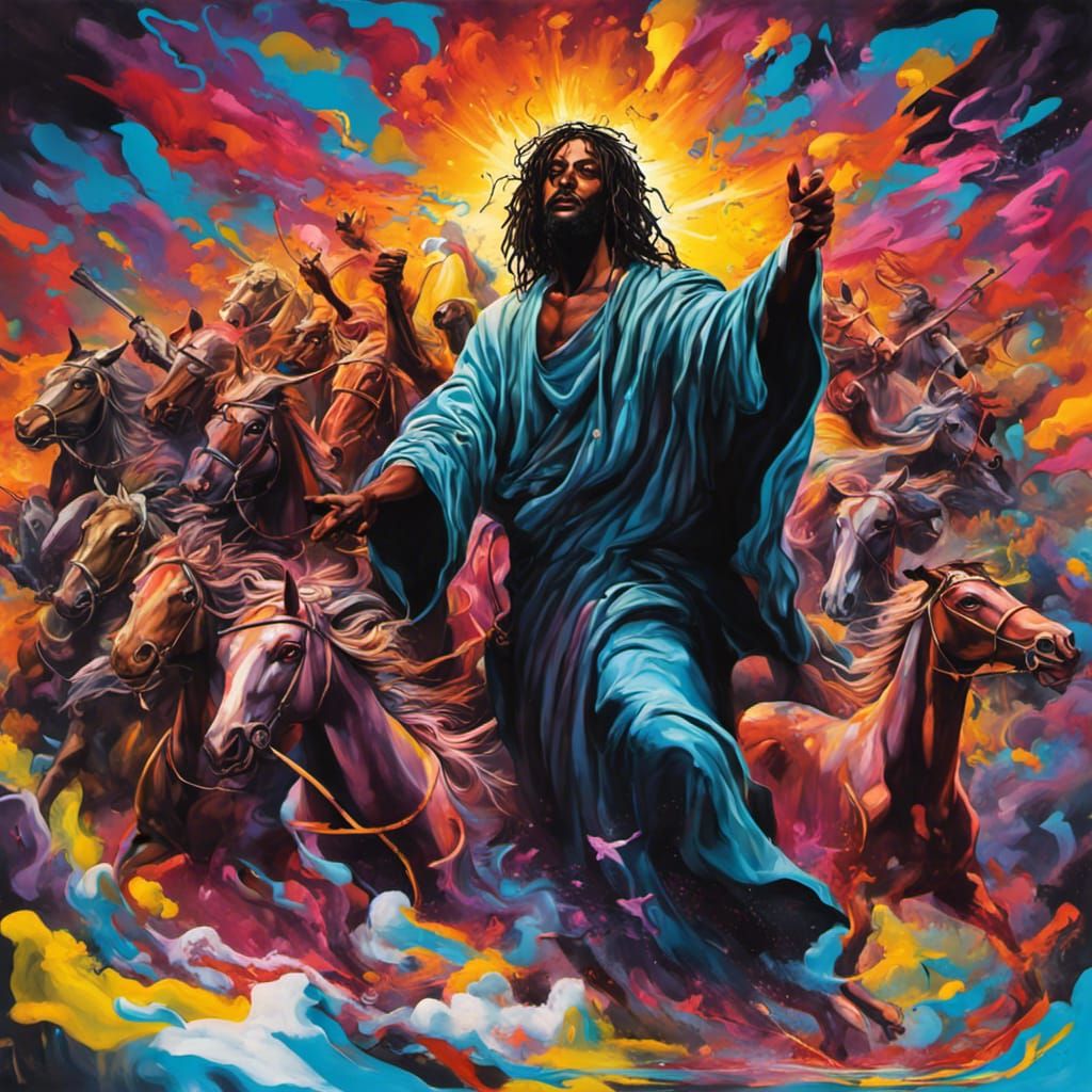Black Christ Battles the Four Horsemen in Graffiti Style