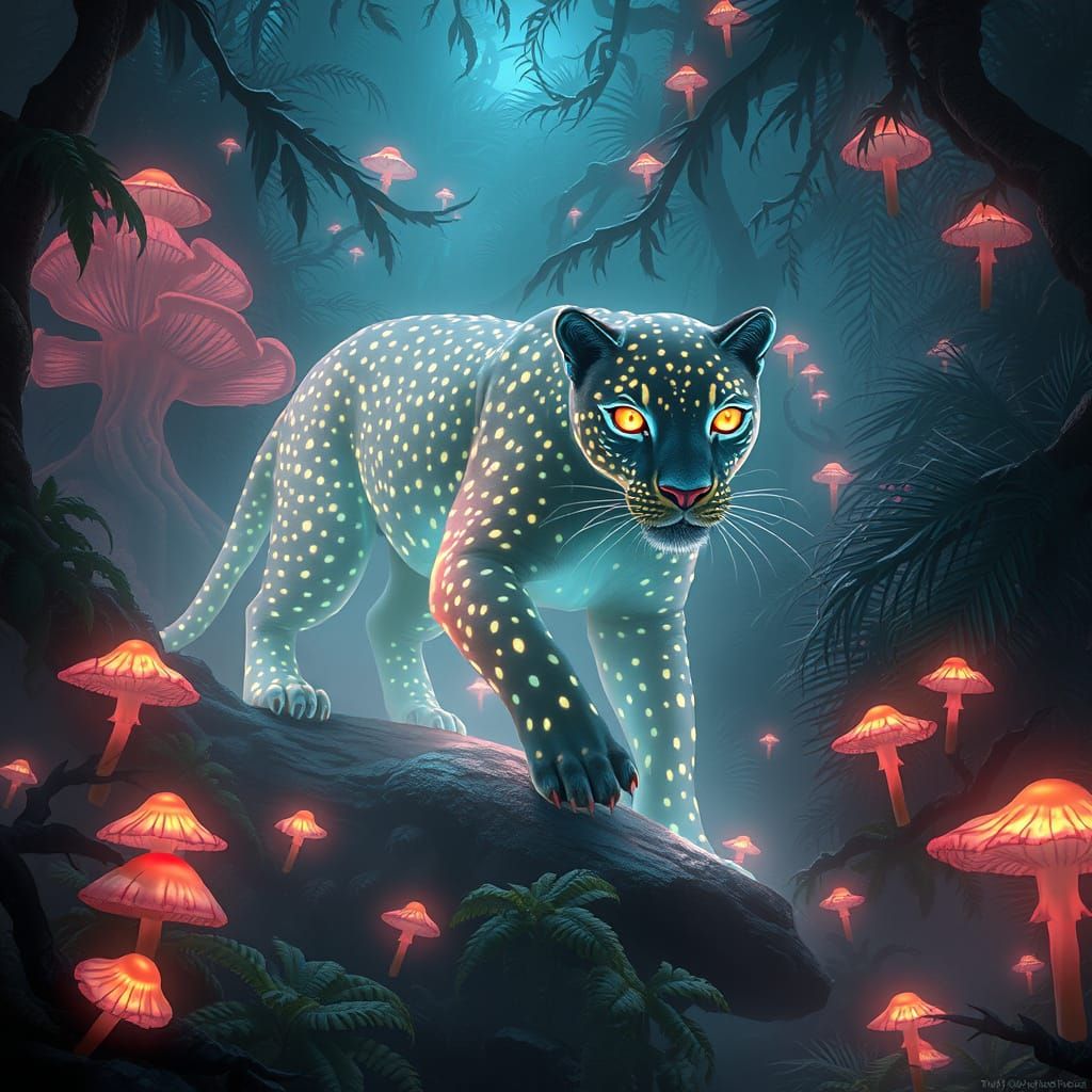 Bioluminescent Panther in an Alien Jungle