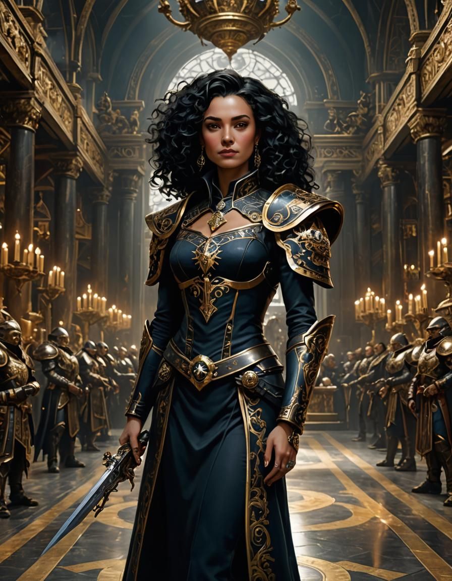 Imperial Psyker Noblewoman in Lavish Hall: Oil Painting