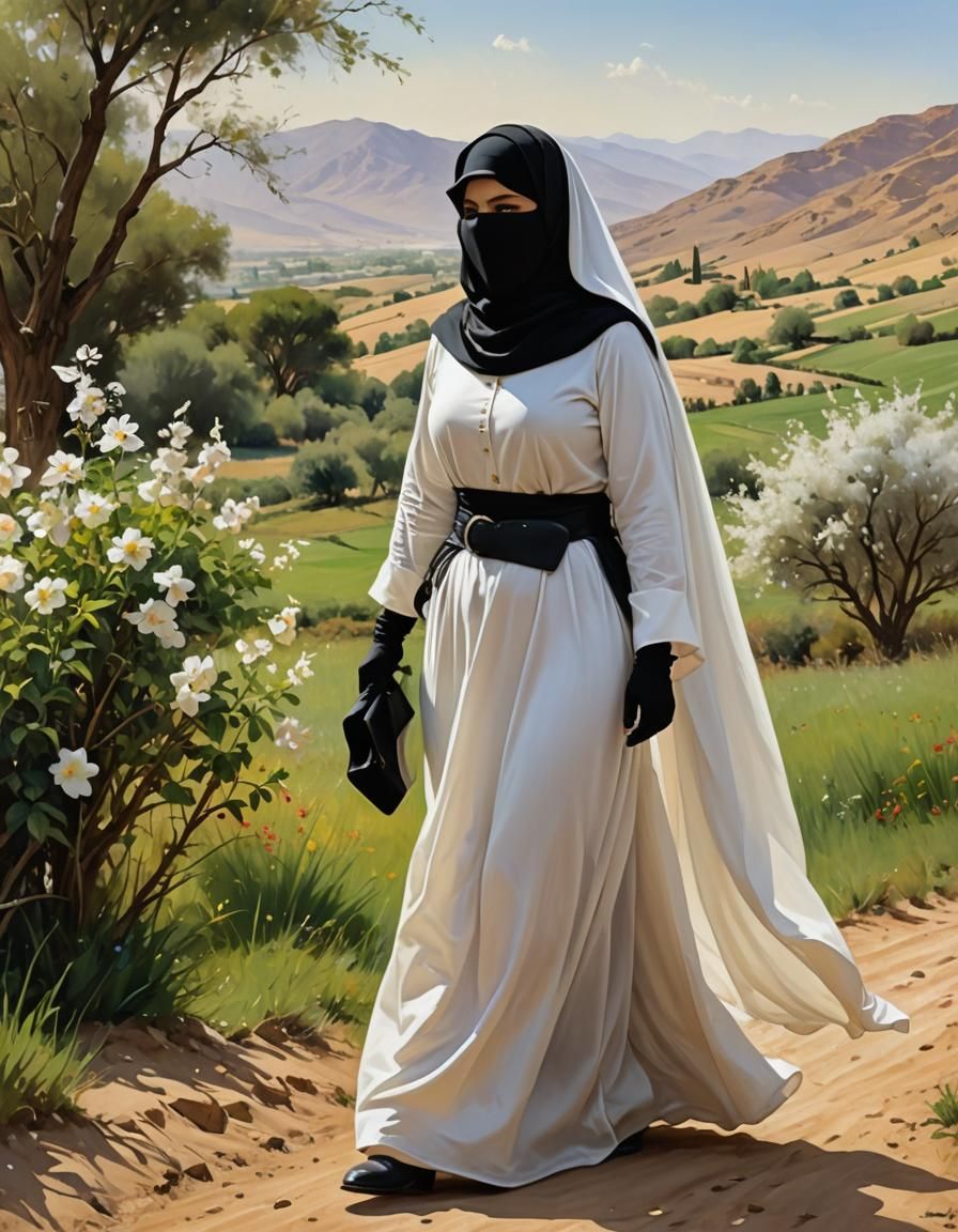 Middle Eastern Woman in Niqab, Oil-Guache Painting