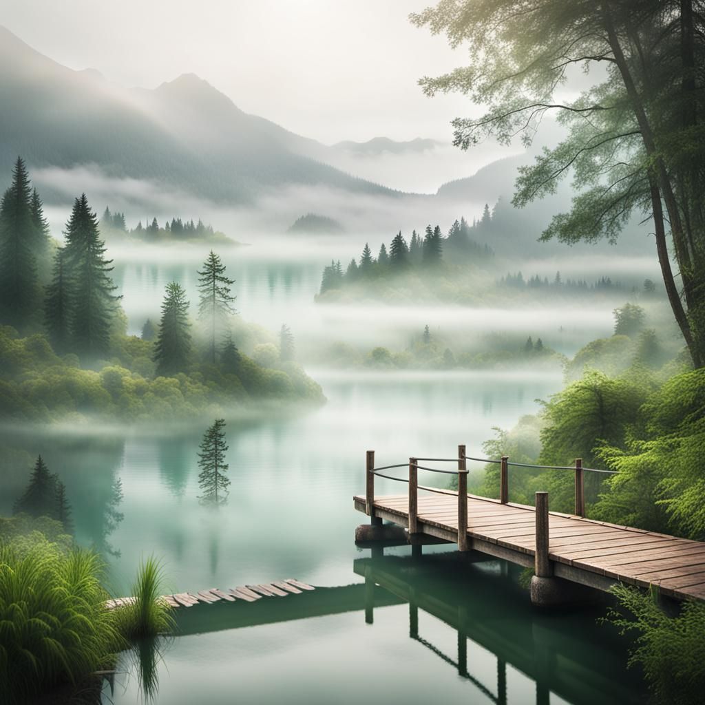 Misty Mountain Range Landscape with Wooden Bridge