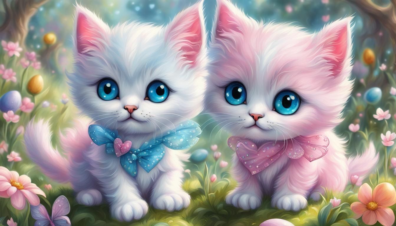 cute pink blue fairy kittens chibi, big sparkly eyes easter ...