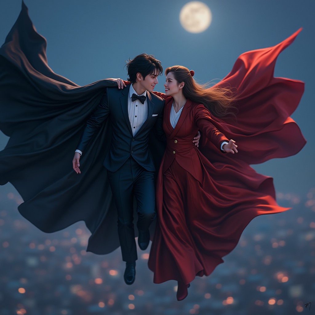 Japanese Vampire Couple Soaring Above Cityscape
