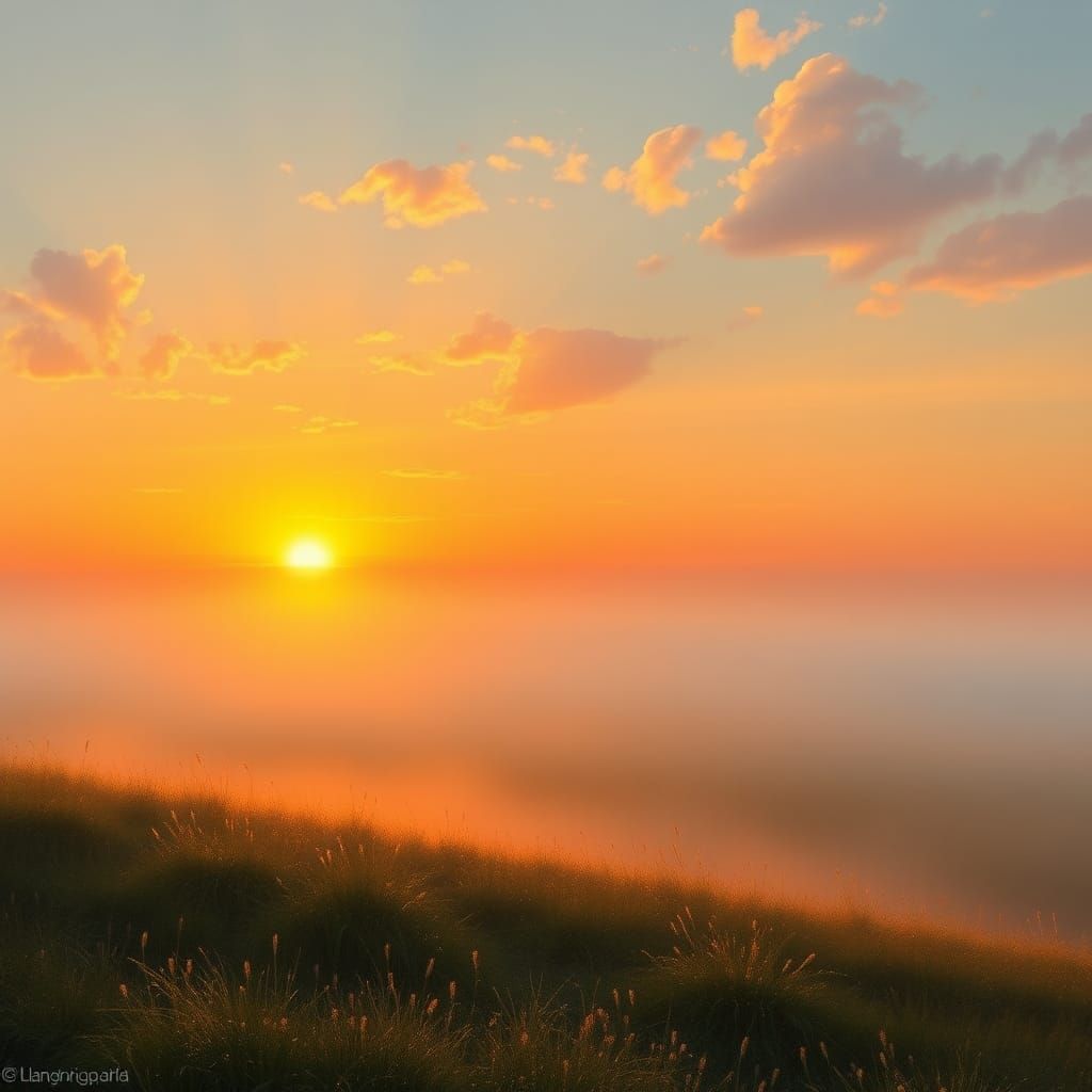 Golden Sunrise Over Serene Landscape in Romantic Style