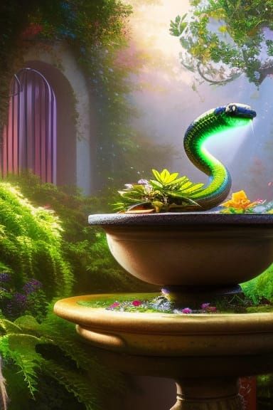 Garden Snake in Bird Bath, Art Nouveau Style