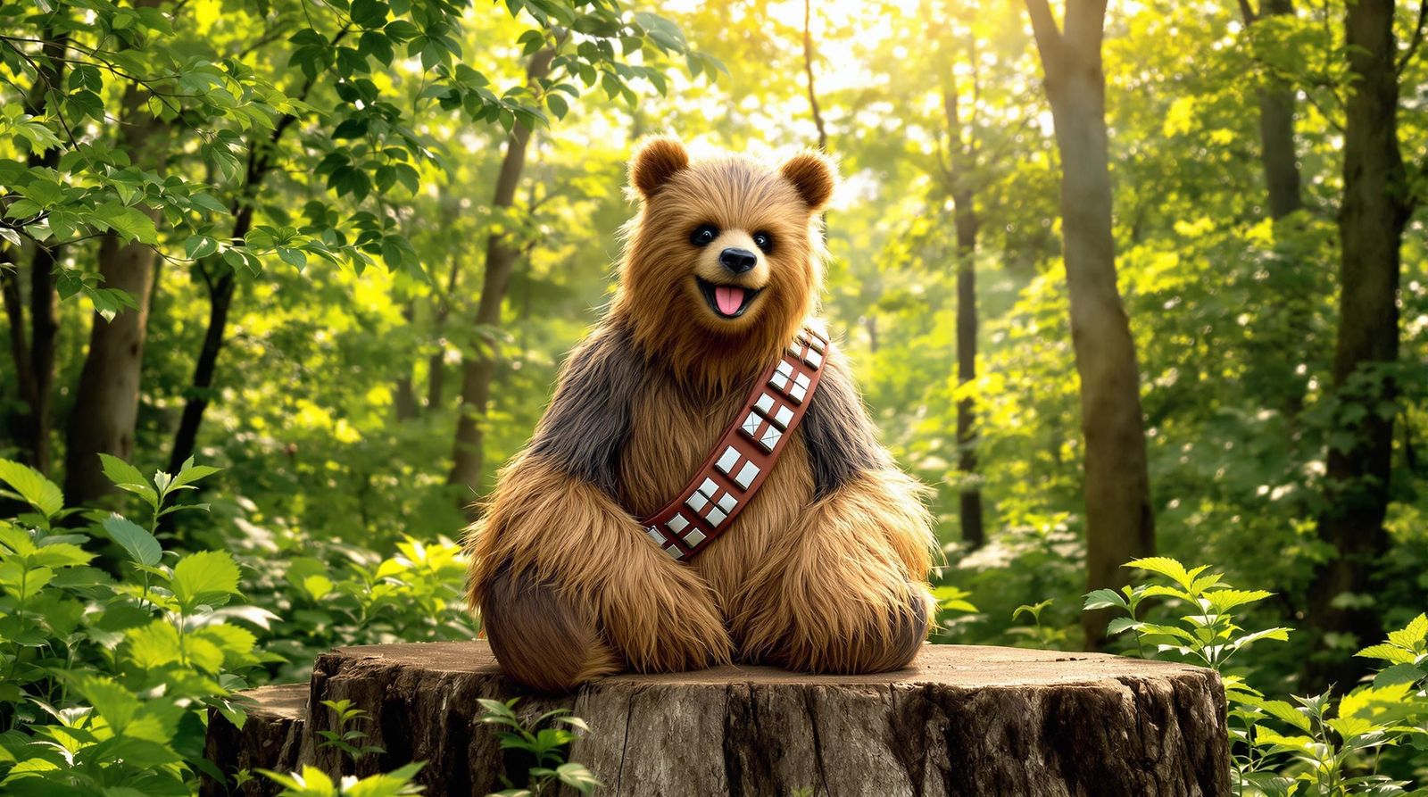Happy Bear Dressed as Chewbacca in Forest