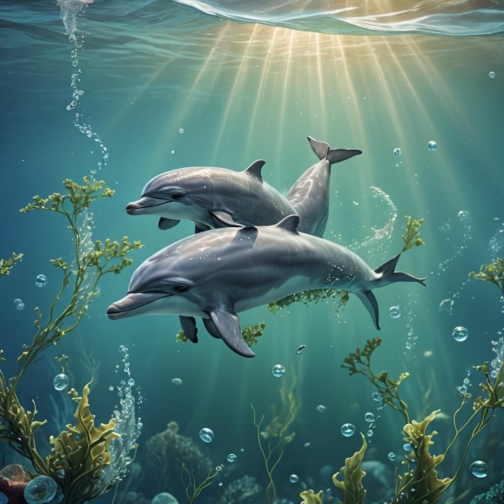 Baby Dolphin and Mother in Whimsical 3D Illustration