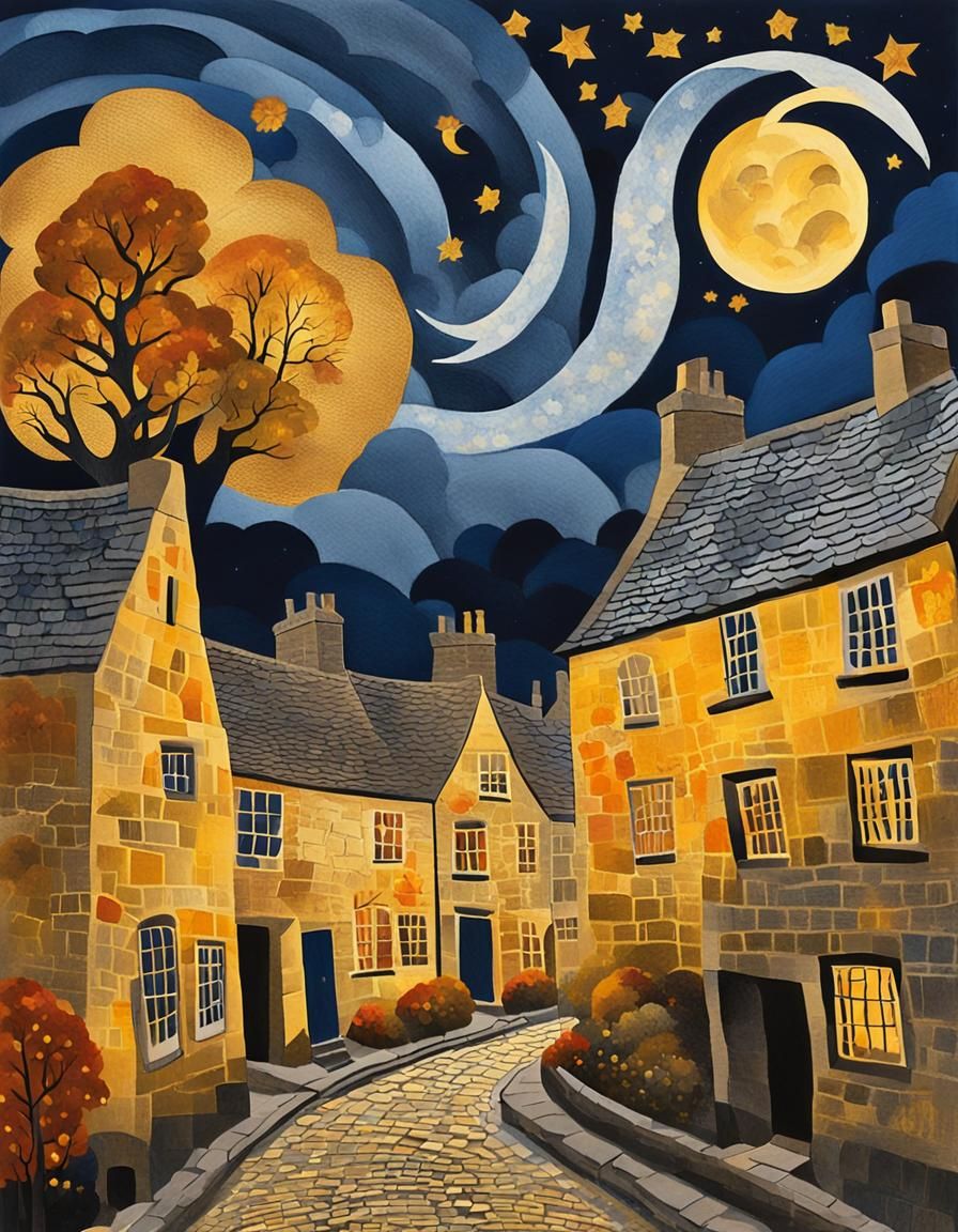 Cotswold Village in Autumn, Mixed Media Collage