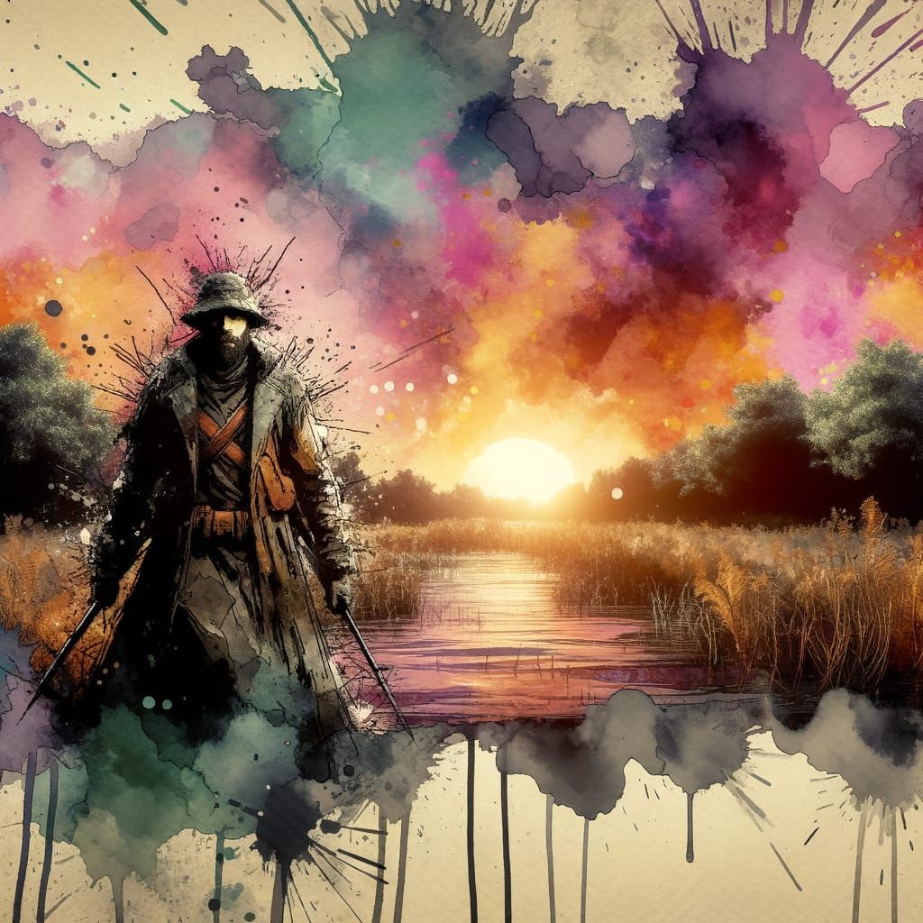 Ominous Swamp Figure at Golden Sunset, Watercolour Style