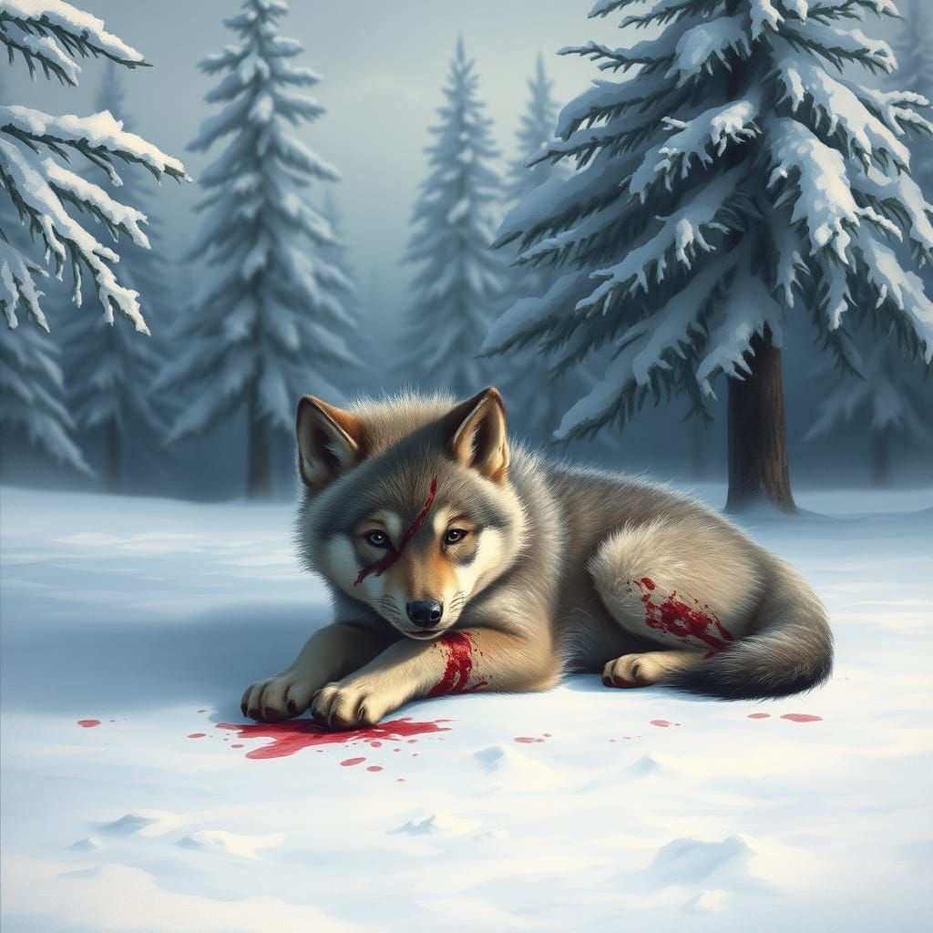 Injured Wolf Pup in a Snowy Wilderness
