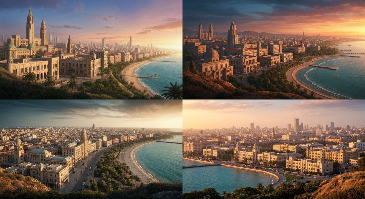 Romantic Coastal Cityscape Fusion of Art Deco and Colonial S...