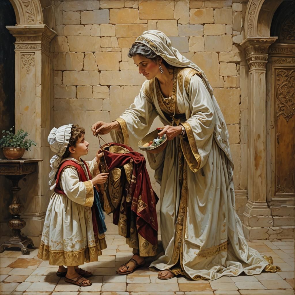 Rococo Woman Offers Clothing to Boy, Ancient Israel