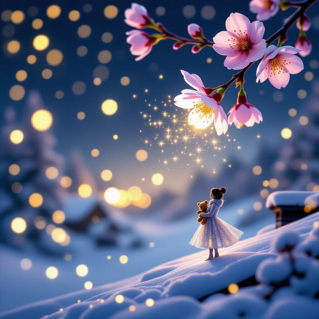Fantasy Winter Scene with Cherry Blossom and Gold Light