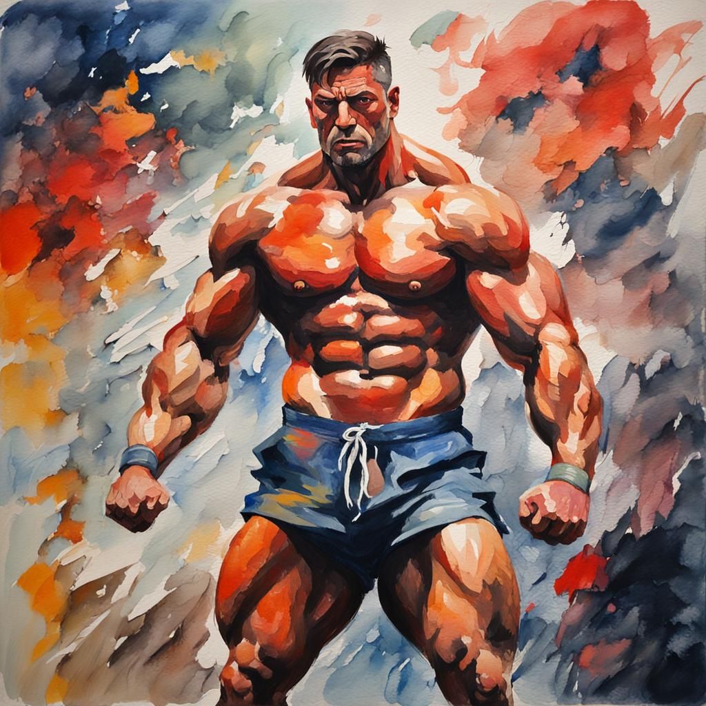 Muscular Figure in Gouache Watercolor Style
